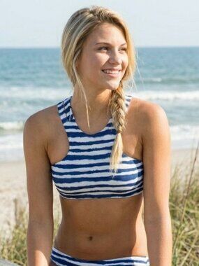 TORI PRAVER Blue & White Striped Bikini Top with High Halter Neckline